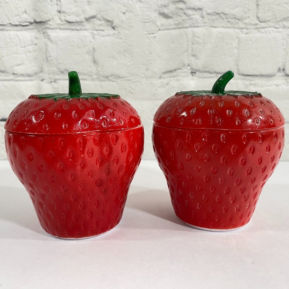 VINTAGE Hazel Atlas Milk Glass Strawberry Jam Jelly Jar With Lid Set of 2